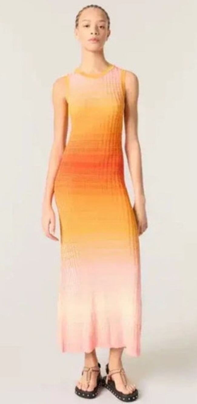 Maje Tie Dye Maxi Dress Rib Knit Sleeveless Tank Sweater Orange Ombre 42
